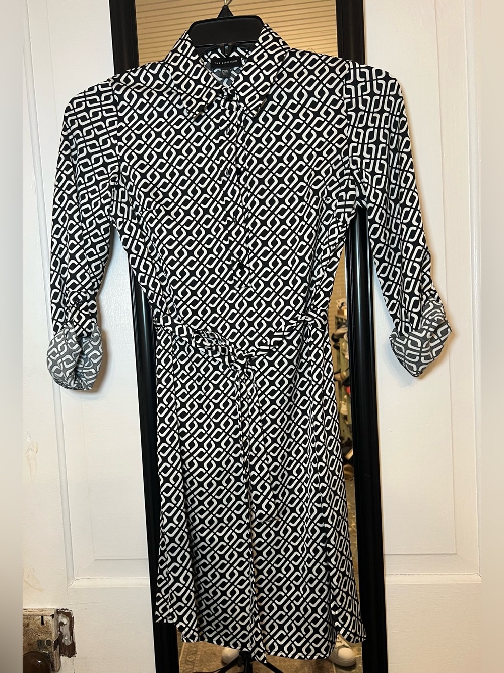 The Limited Black & White Geometric Shirt Dress with Tie Waist